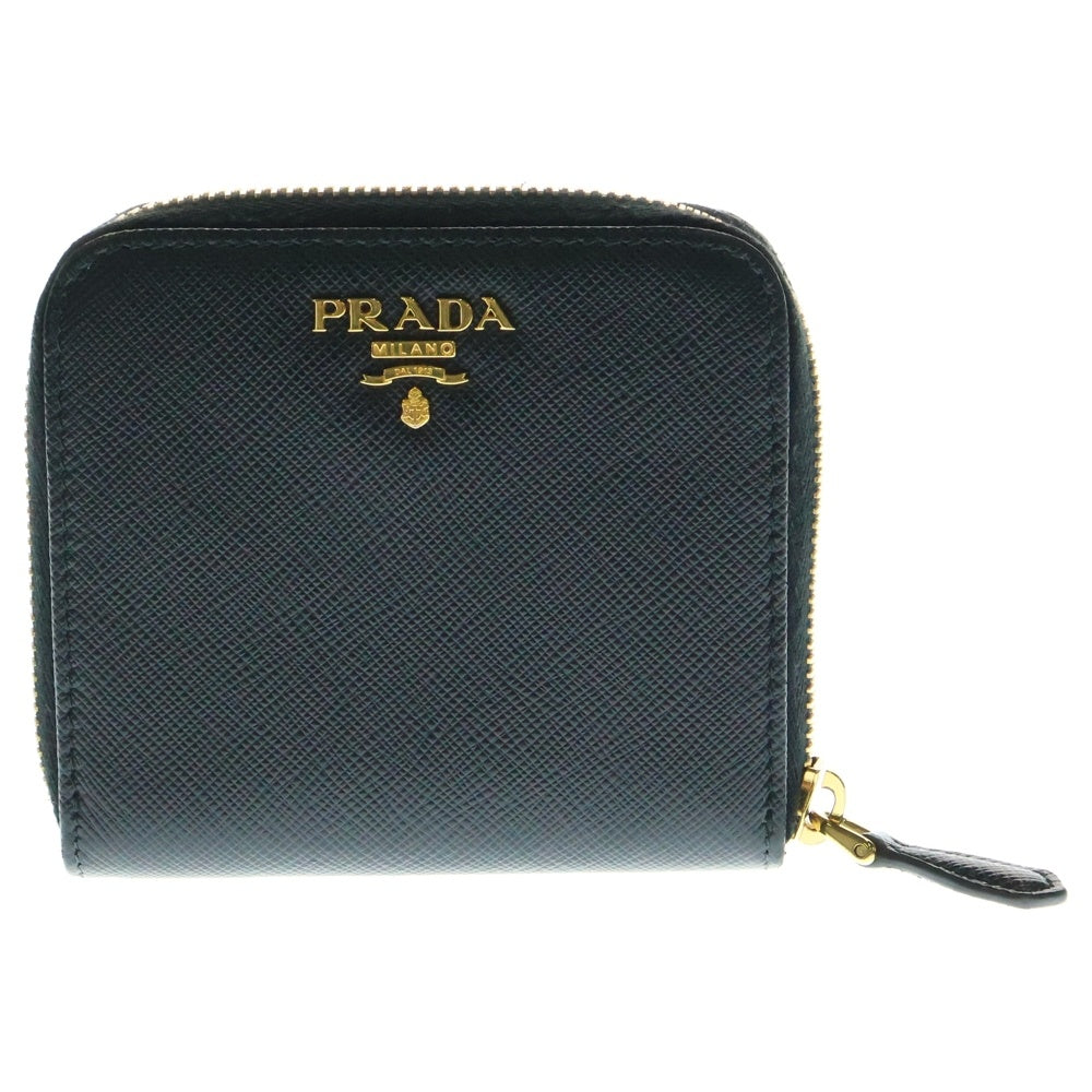 PRADA(プラダ) ロゴ 二つ折り財布 コンパクトウォレット コインケース ブラック ゴールド金具 サフィアーノレザー 1ML018