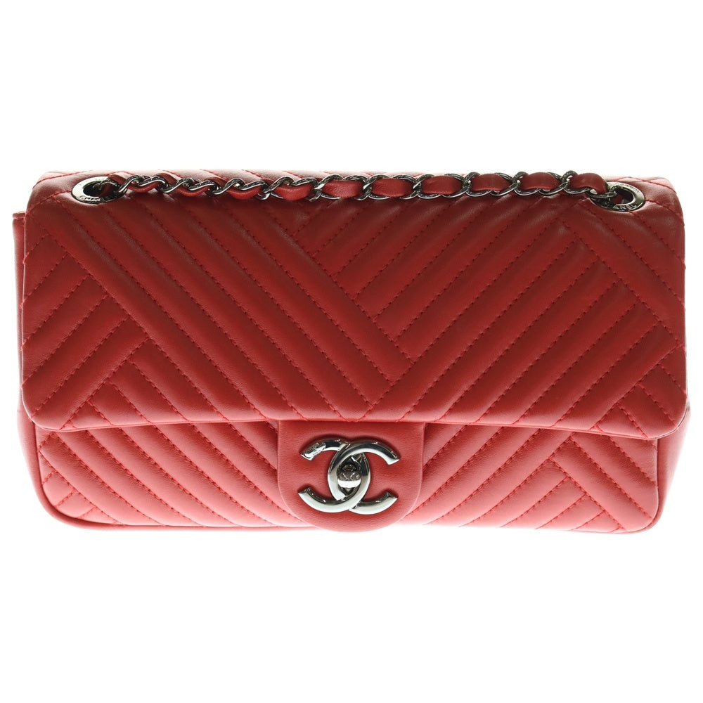 CHANEL(シャネル) ココマーク ラムスキン Vステッチチェーンレザーショルダーバッグ レッド レディース