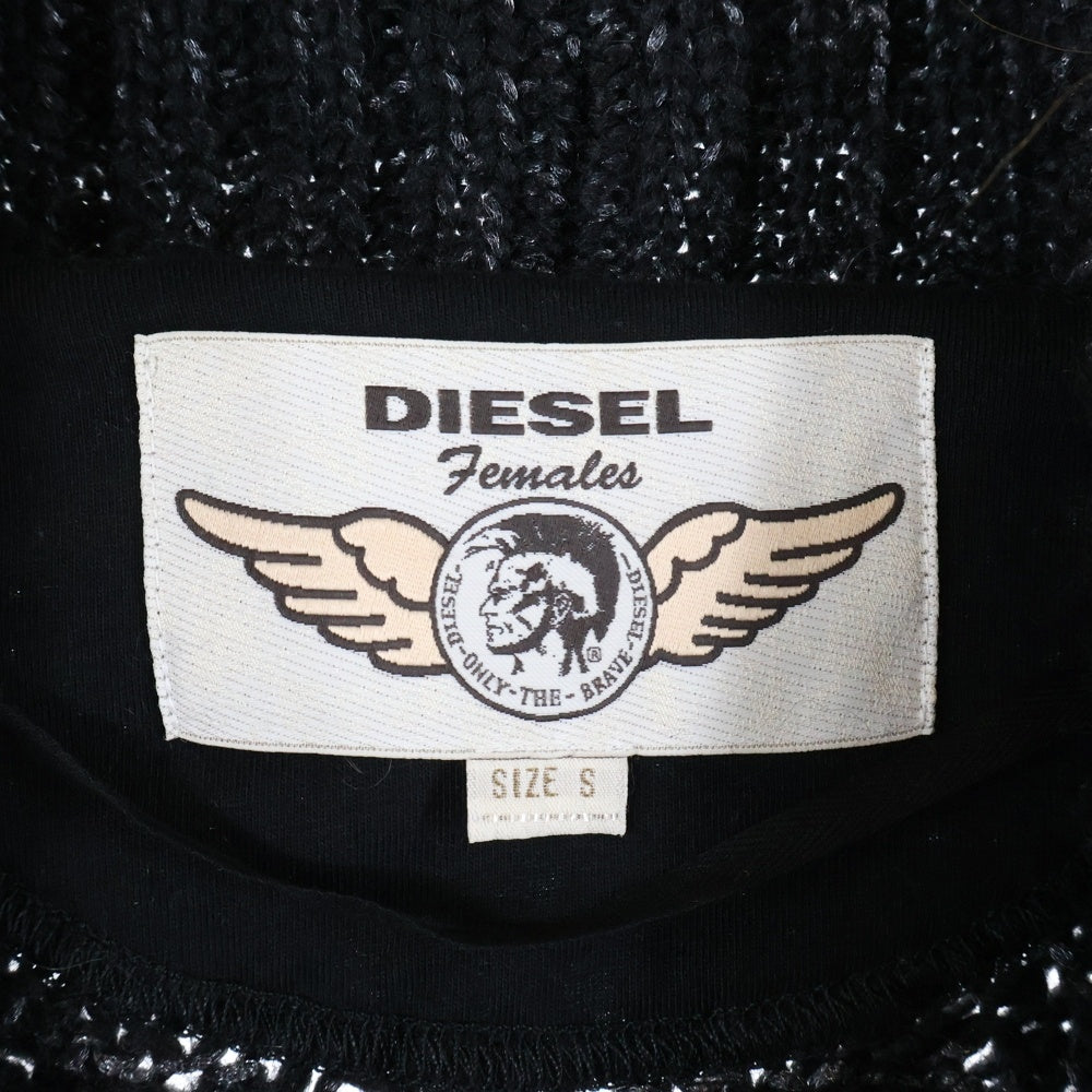 DIESEL(ディーゼル) レザーワッペンロゴ モヘア混 ウール ラメ ニット 長袖カーディガン ブラック
