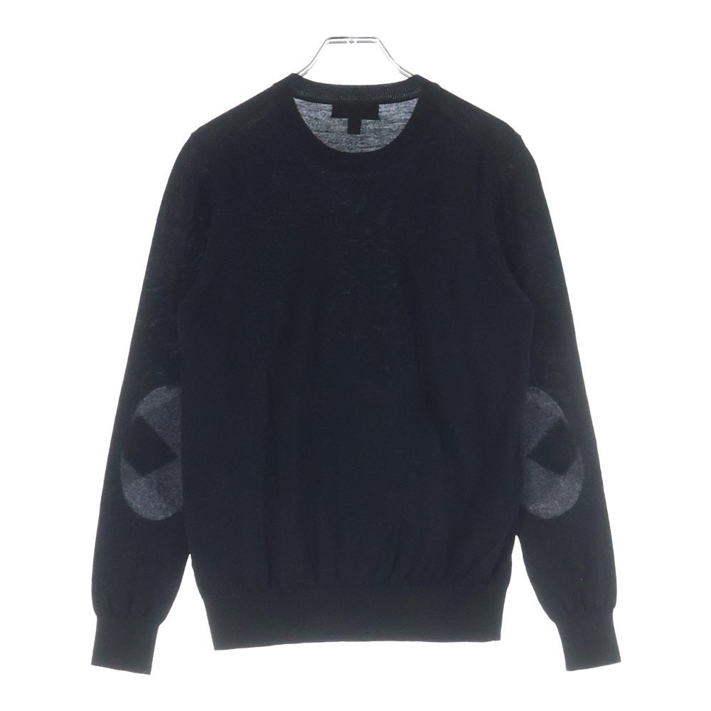 BURBERRY(バーバリー) エルボーパッチ ノバチェック柄切り替え ウール クルーネック プルオーバー 長袖ニット セーター ブラック レディース 4067797