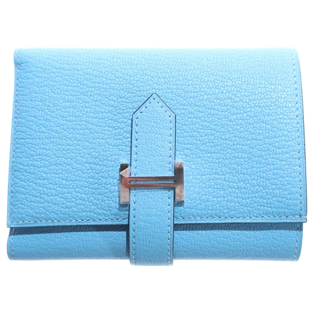 HERMES(エルメス) ベアンコンビネ コンパクト トゴ シェーブル コンパクトウォレット 三つ折り財布 ライトブルー レザー シルバー金具 K刻