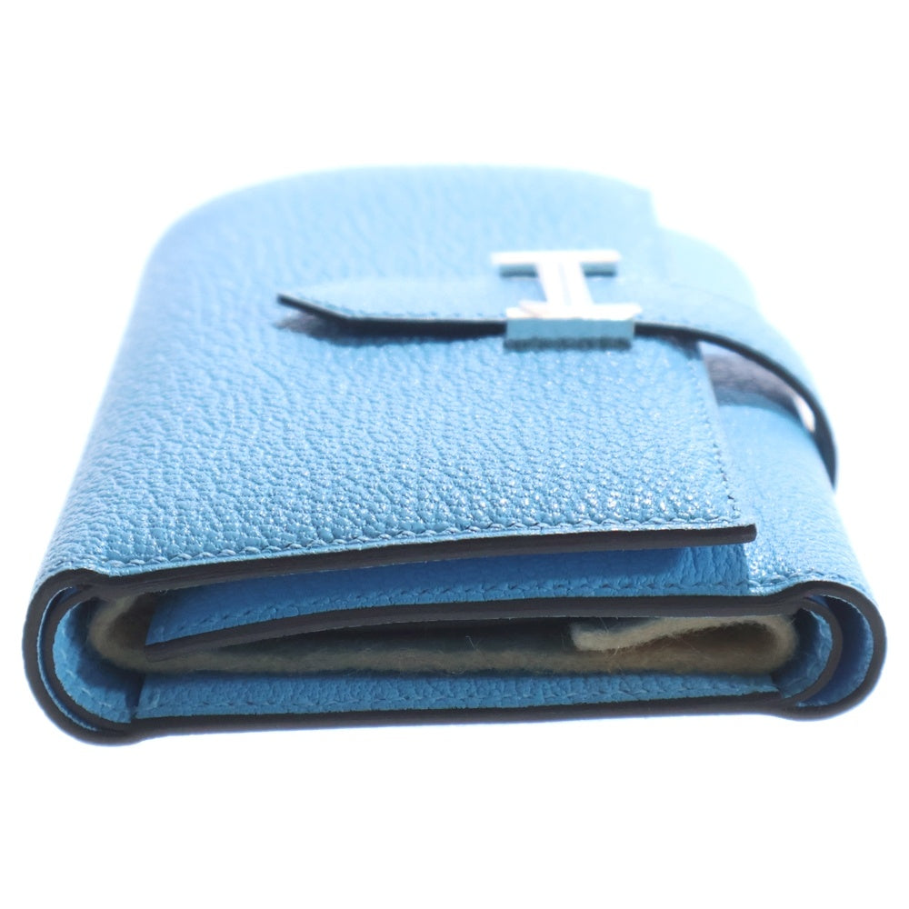 HERMES(エルメス) ベアンコンビネ コンパクト トゴ シェーブル コンパクトウォレット 三つ折り財布 ライトブルー レザー シルバー金具 K刻