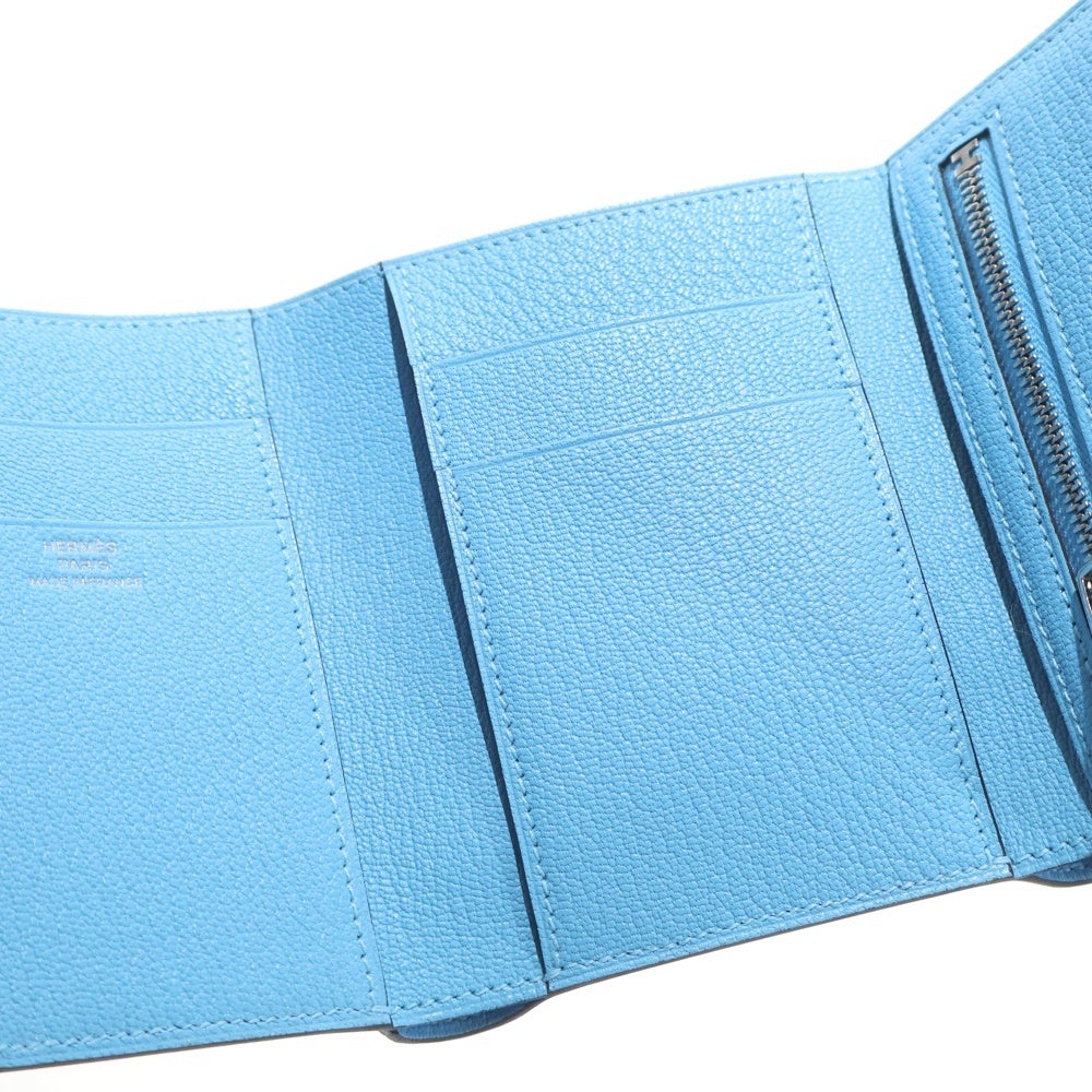 HERMES(エルメス) ベアンコンビネ コンパクト トゴ シェーブル コンパクトウォレット 三つ折り財布 ライトブルー レザー シルバー金具 K刻
