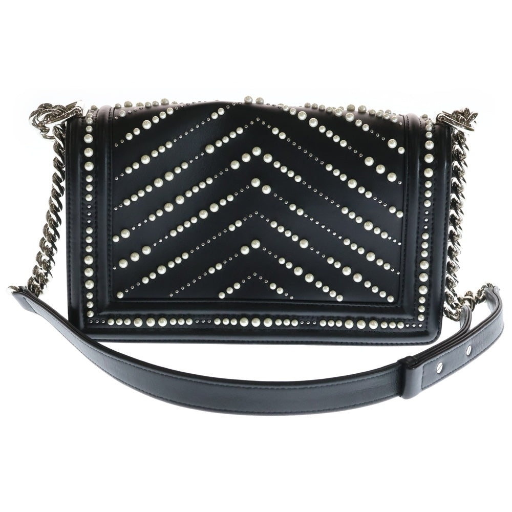 CHANEL(シャネル) ボーイシャネル ココマーク パール スタッズ ラムスキン レザー チェーンショルダーバッグ シルバー金具 ブラック 29番台 レディース