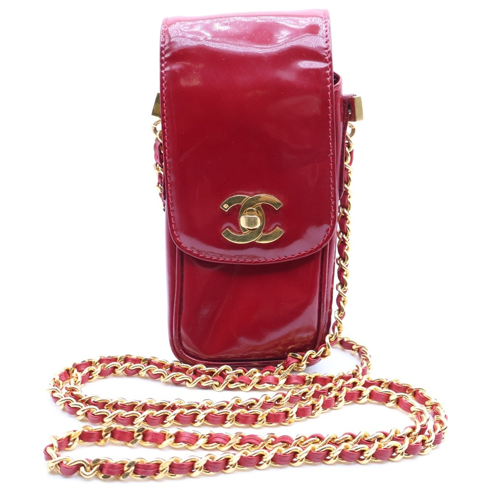 CHANEL(シャネル) ココマーク ターンロック フォンケース ショルダーバッグ ミニバッグ レッド パテント ゴールド金具 レディース