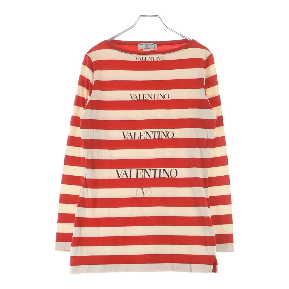 VALENTINO(ヴァレンティノ) ロゴプリント ボーダー総柄 クルーネック 長袖Tシャツ カットソー レッド/ホワイト レディース