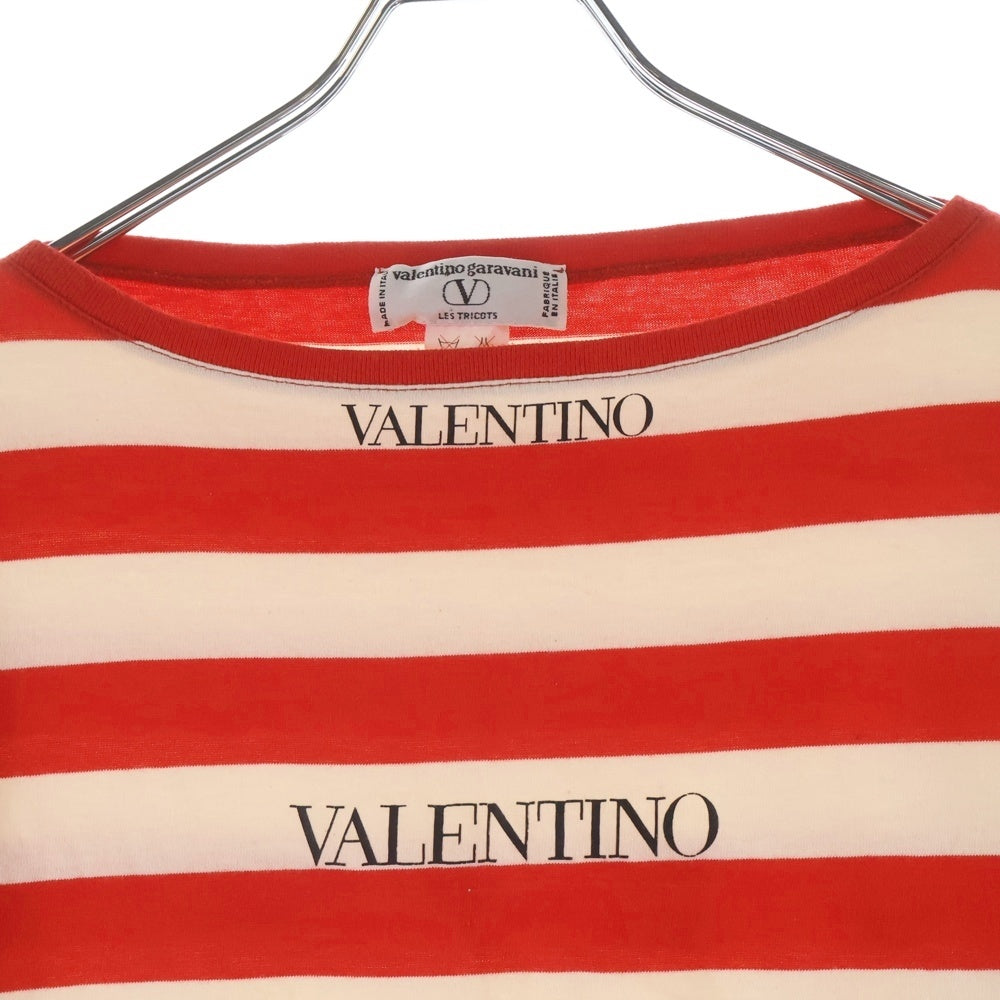 VALENTINO(ヴァレンティノ) ロゴプリント ボーダー総柄 クルーネック 長袖Tシャツ カットソー レッド/ホワイト レディース