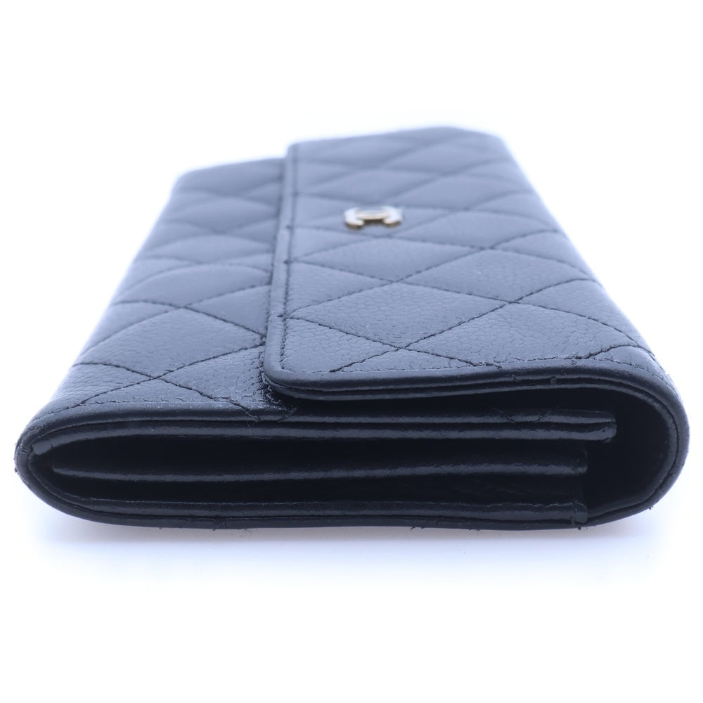 CHANEL(シャネル) マトラッセ 二つ折り長財布 ロングウォレット カードケース ブラック キャビアスキン ゴールド金具 レディース