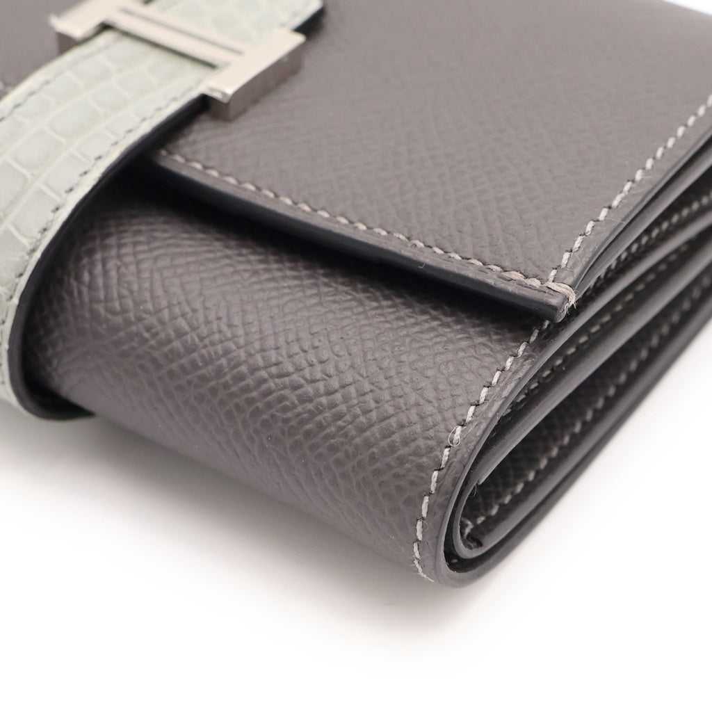 HERMES(エルメス) ベアン コンビネ コンパクトウォレット 三つ折り財布 コインケース グレージュ×グレー エプソン×アリゲーター シルバー金具 W刻印