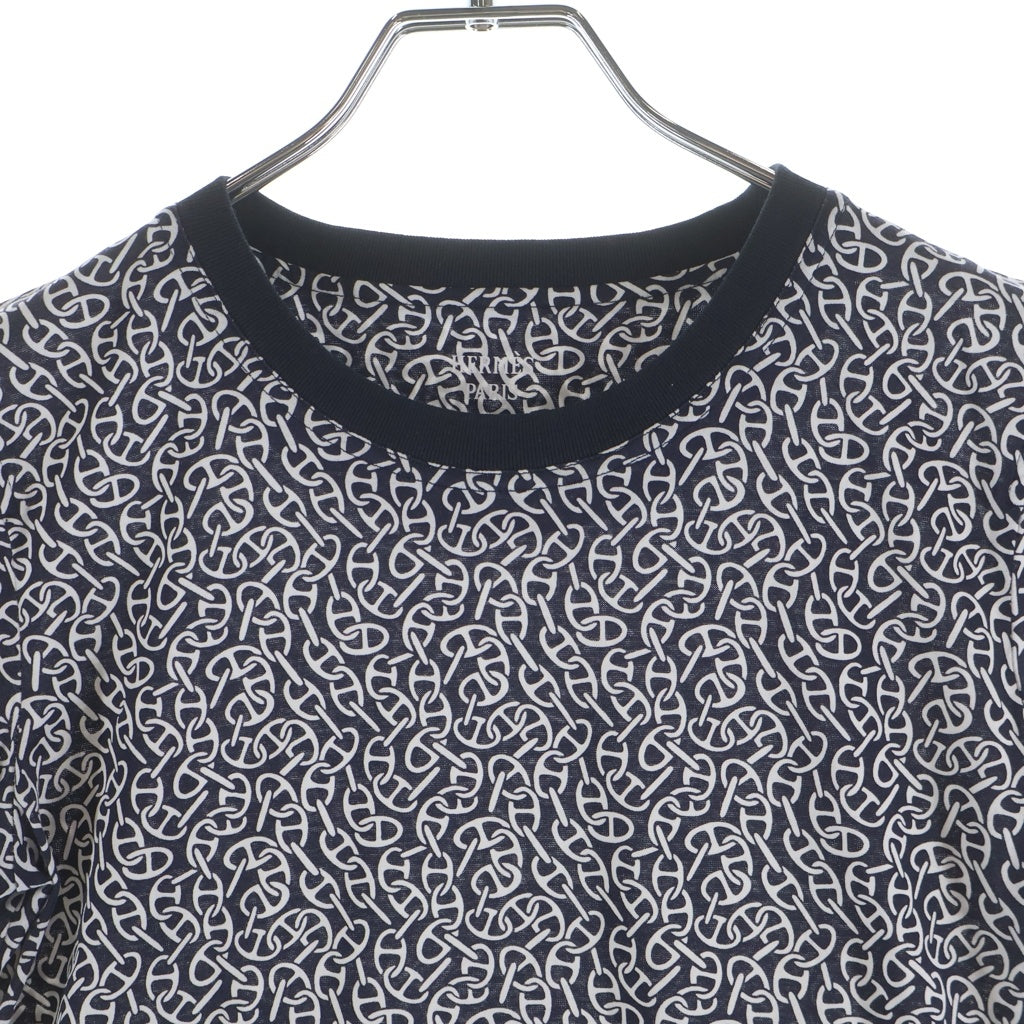 HERMES(エルメス) 24SS ナウサ シェーヌダンクル 総柄プリント 半袖 Tシャツ カットソー ネイビー レディース 4E4620DB