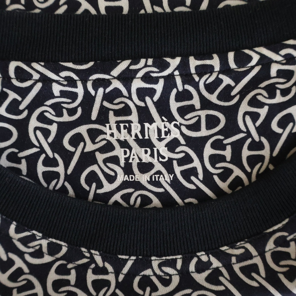 HERMES(エルメス) 24SS ナウサ シェーヌダンクル 総柄プリント 半袖 Tシャツ カットソー ネイビー レディース 4E4620DB