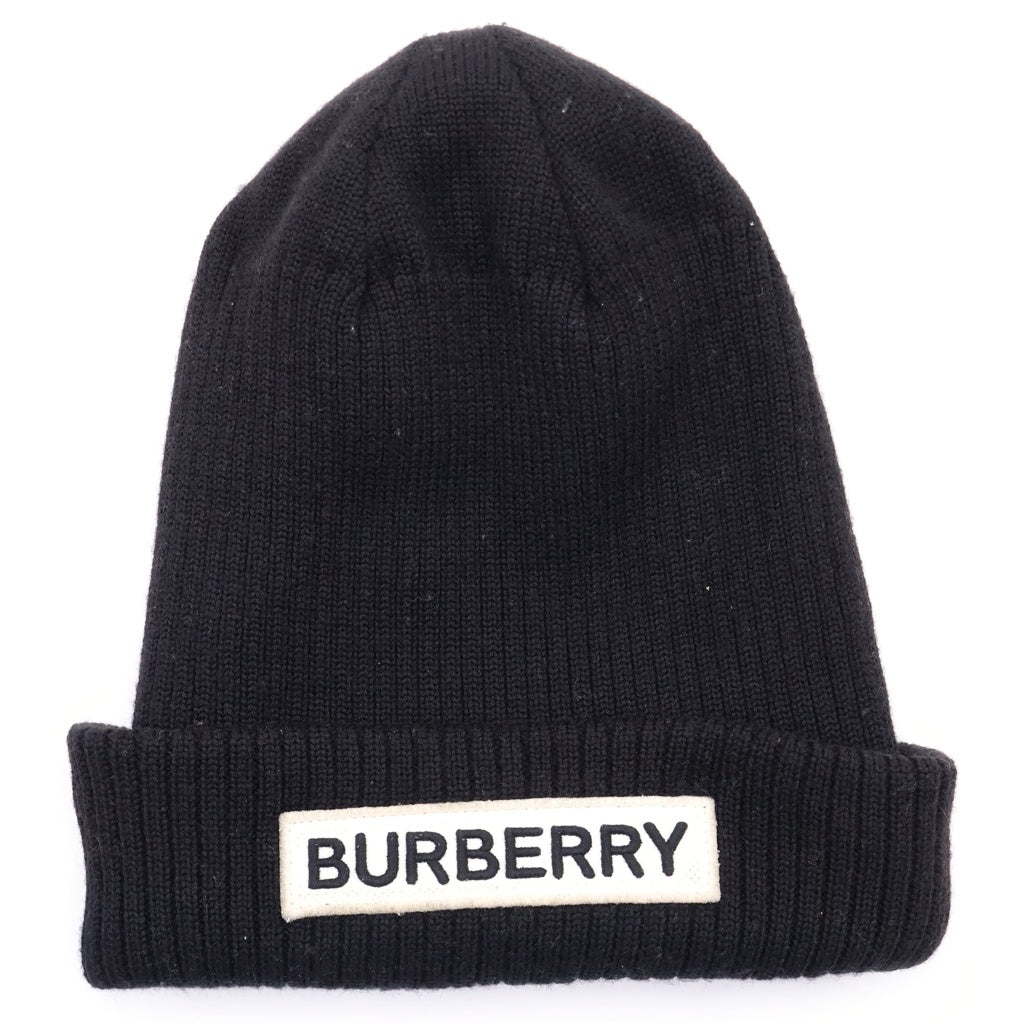 BURBERRY(バーバリー) ワッペンロゴ ウール ニットキャップ ビーニー 帽子 ブラック 8014361
