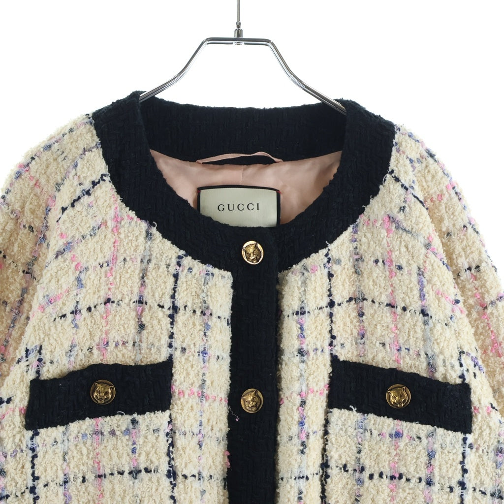 GUCCI(グッチ) 19SS ミケーレ期 Oversize Tweed Bomber Jacket オーバーサイズ ツイード ボンバー ノーカラージャケット ベージュ 545493 レディース