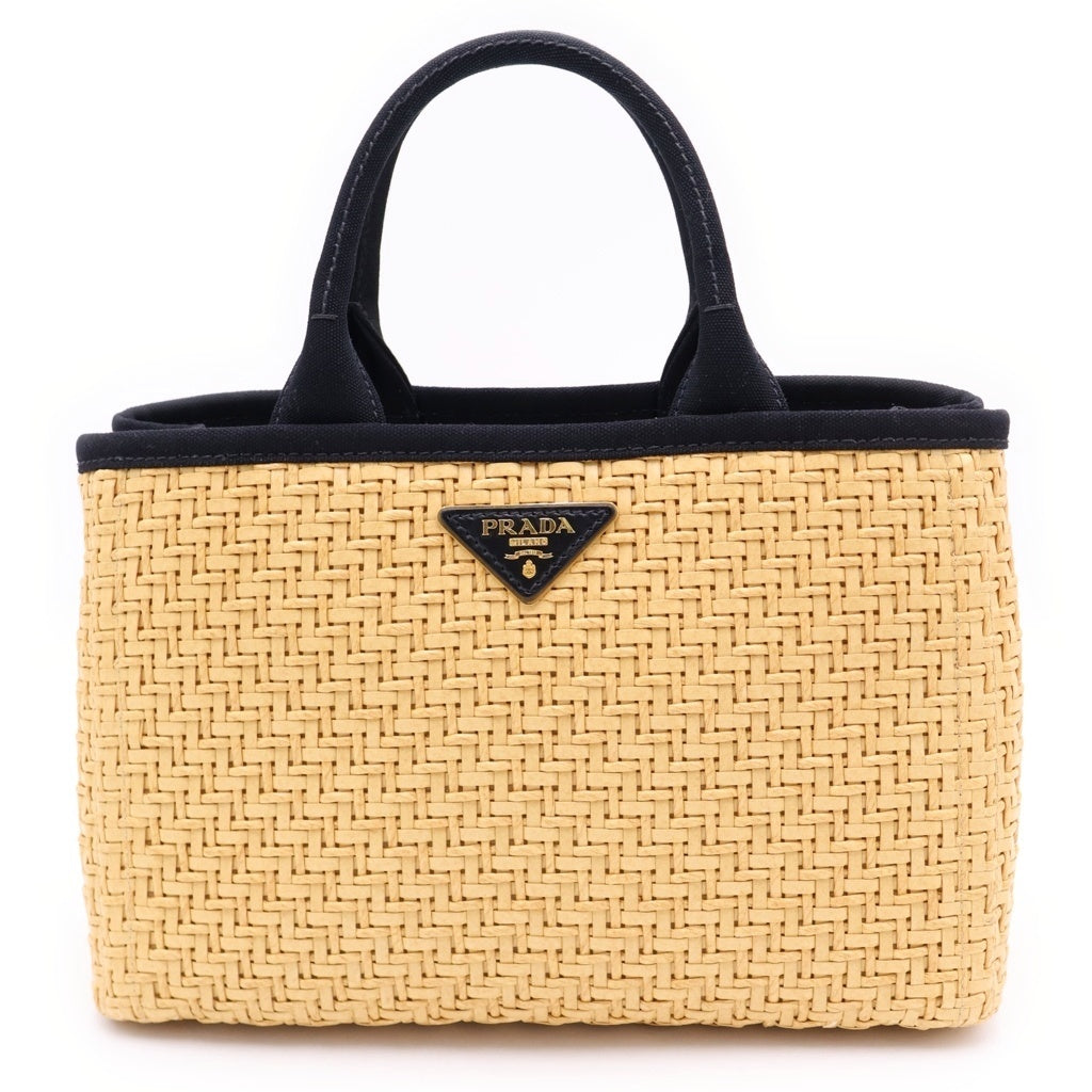 PRADA(プラダ) カナパ 2WAYハンドバッグ ショルダーバッグ カゴバッグ ストロー×キャンバス ブラック×ベージュ 1BG155 ゴールド金具 レディース