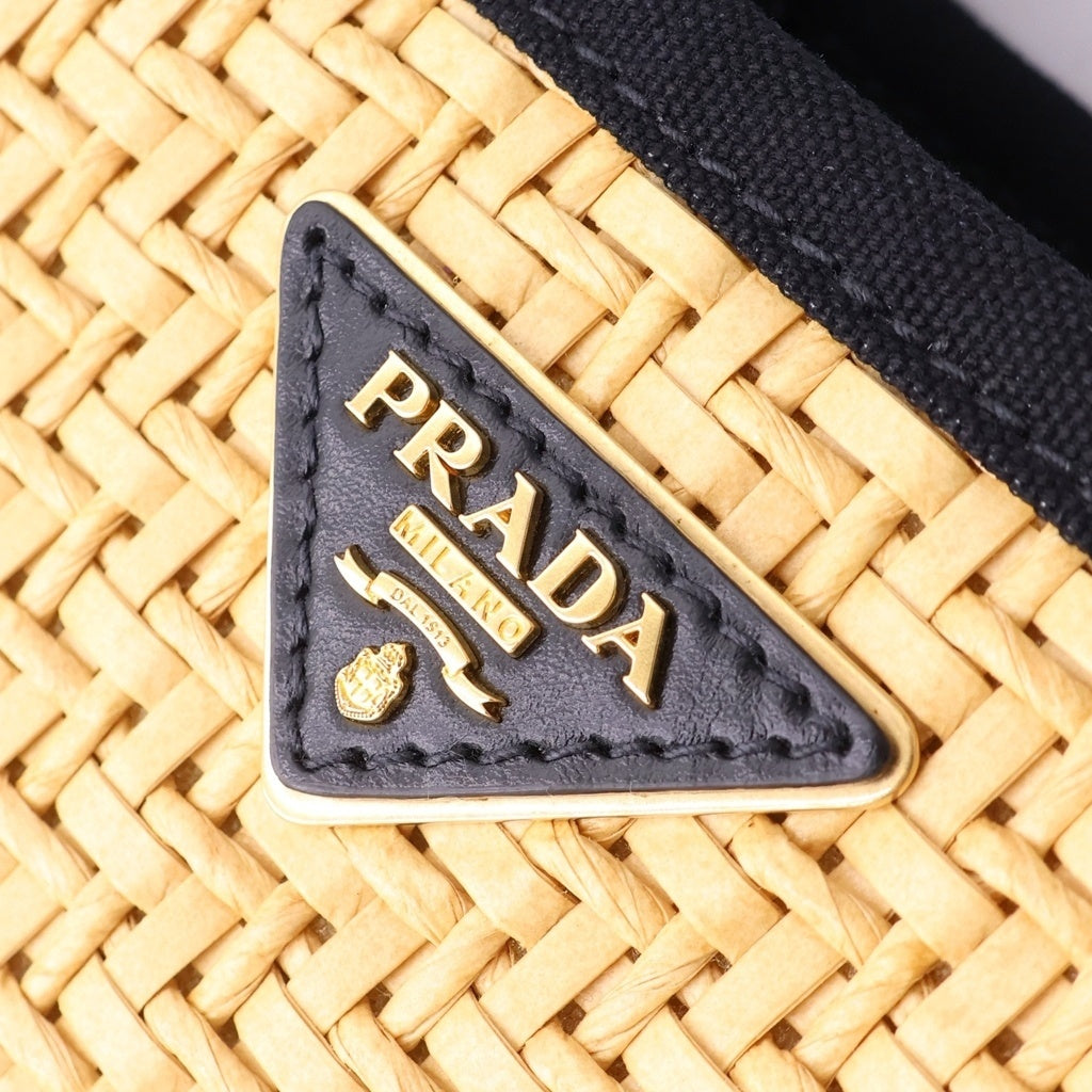 PRADA(プラダ) カナパ 2WAYハンドバッグ ショルダーバッグ カゴバッグ ストロー×キャンバス ブラック×ベージュ 1BG155 ゴールド金具 レディース