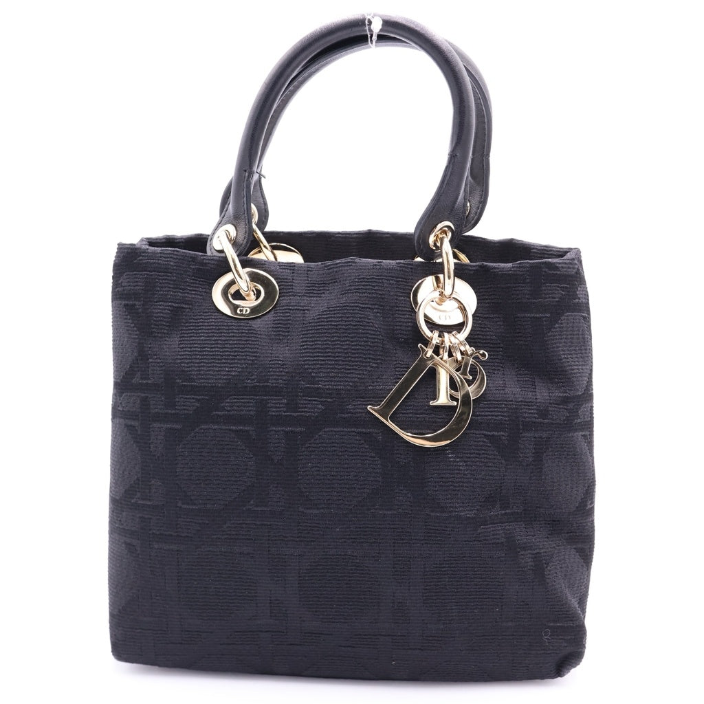 Christian Dior(クリスチャンディオール) レディディオール カナージュ ハンドバッグ ブラック レザー×キャンバス ゴールド金具 レディース