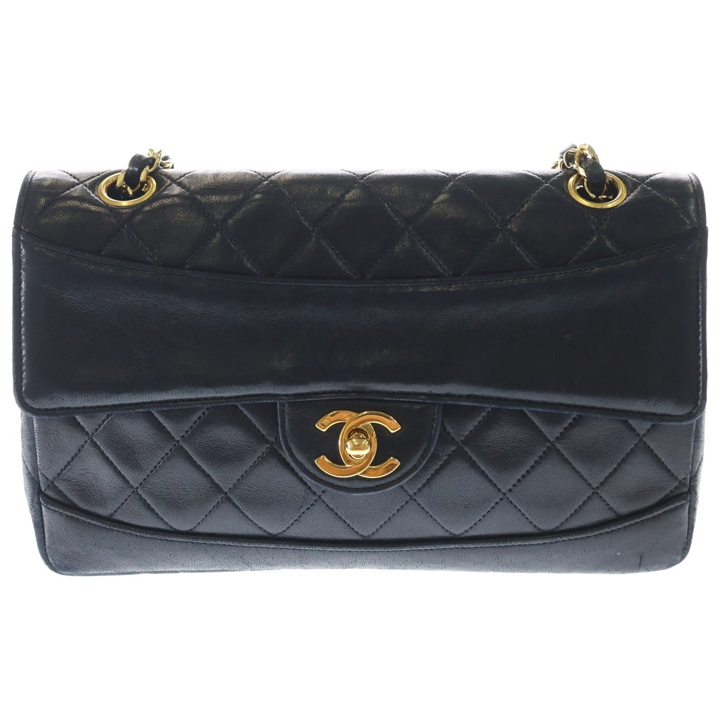 CHANEL(シャネル) マトラッセ ラムスキン レザー ターンロック Wチェーン ショルダーバッグ ゴールド金具 ブラック 1番台 レディース