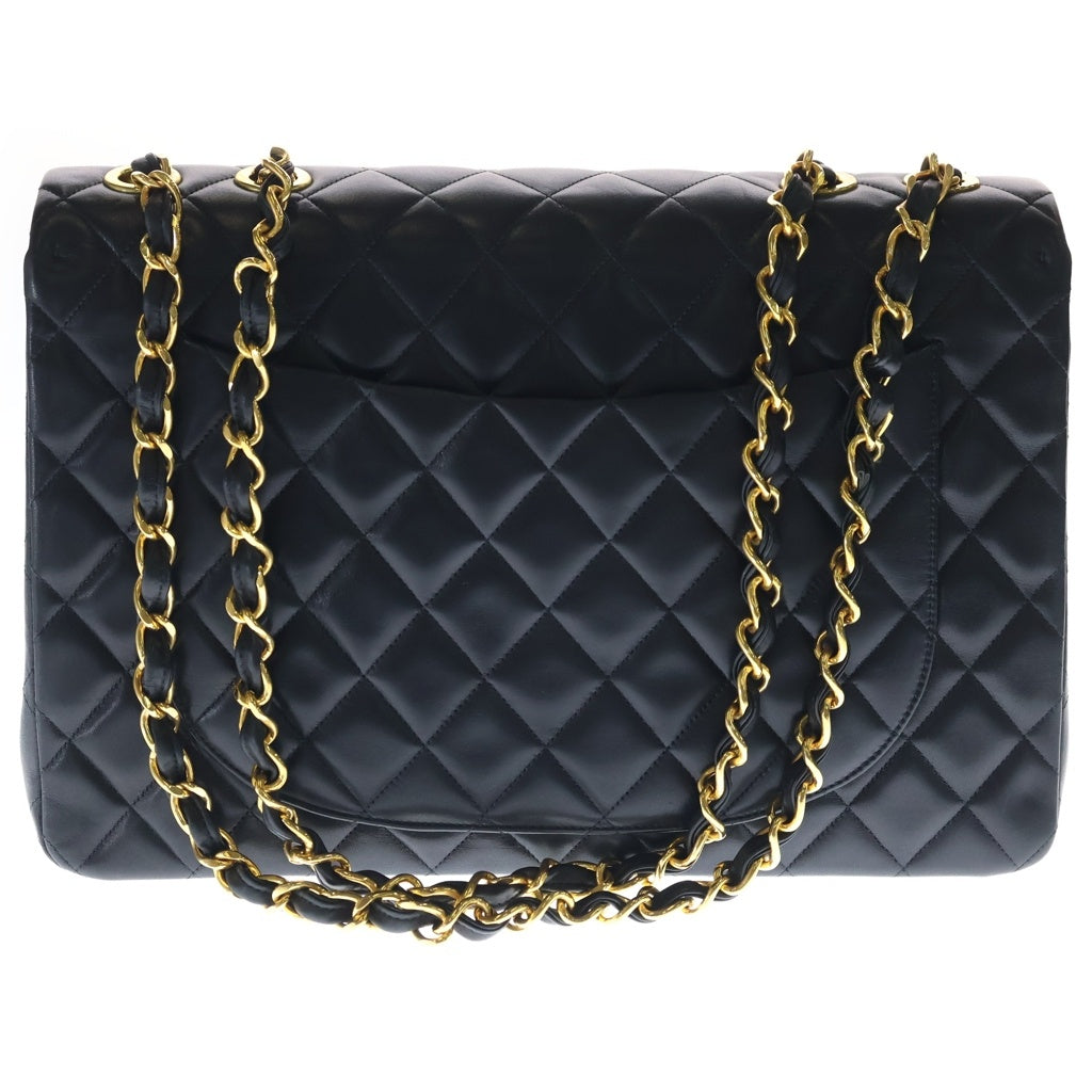 CHANEL(シャネル) デカマトラッセ34 ラムスキン レザー Sフラップ Wチェーン ショルダーバッグ ゴールド金具 ブラック 3番台 レディース