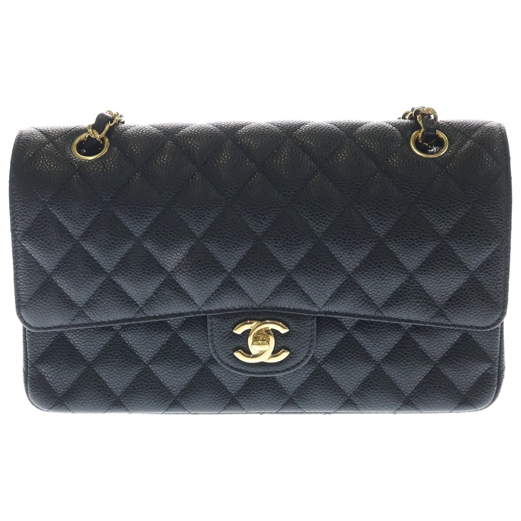 CHANEL(シャネル) マトラッセ25 キャビアスキン レザー Wフラップ Wチェーン ショルダーバッグ ゴールド金具 ブラック A01112 28番台 レディース