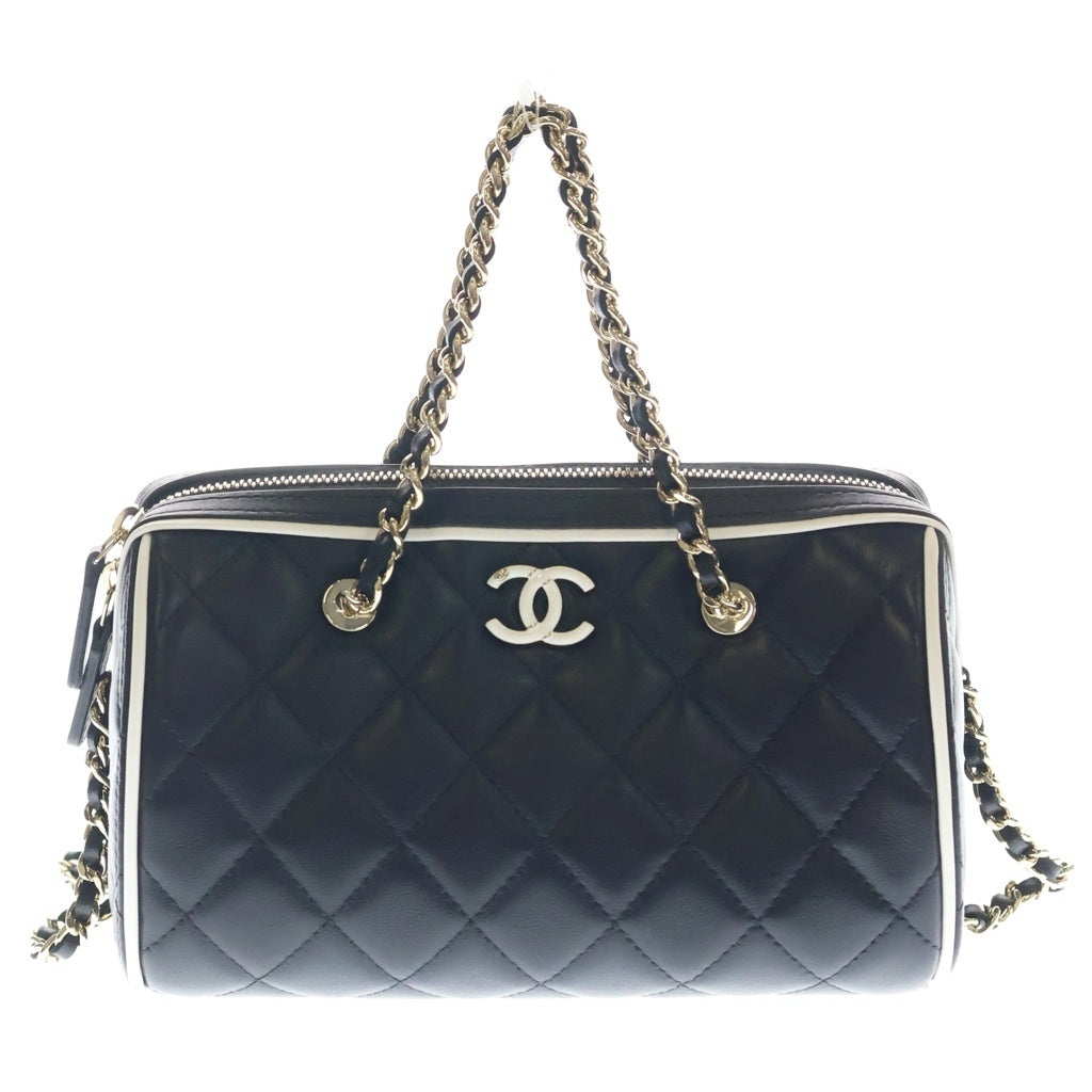 CHANEL(シャネル) マトラッセ ボストンショルダーバッグ チェーンミニバッグ ブラック×ホワイト ラムスキン AP4515 ゴールド金具 レディース