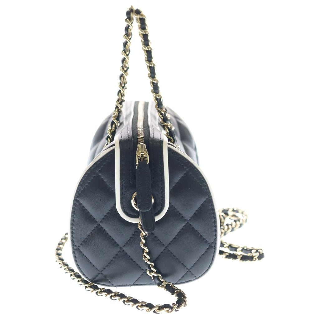 CHANEL(シャネル) マトラッセ ボストンショルダーバッグ チェーンミニバッグ ブラック×ホワイト ラムスキン AP4515 ゴールド金具 レディース
