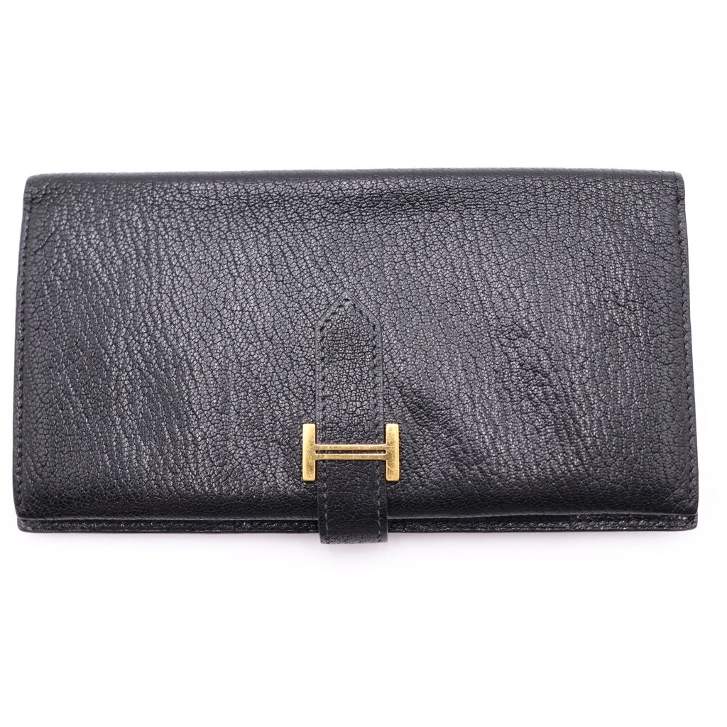 HERMES(エルメス) ベアンスフレ 2つ折り財布 ゴールド金具 シェーブル レザー ブラック □G刻印