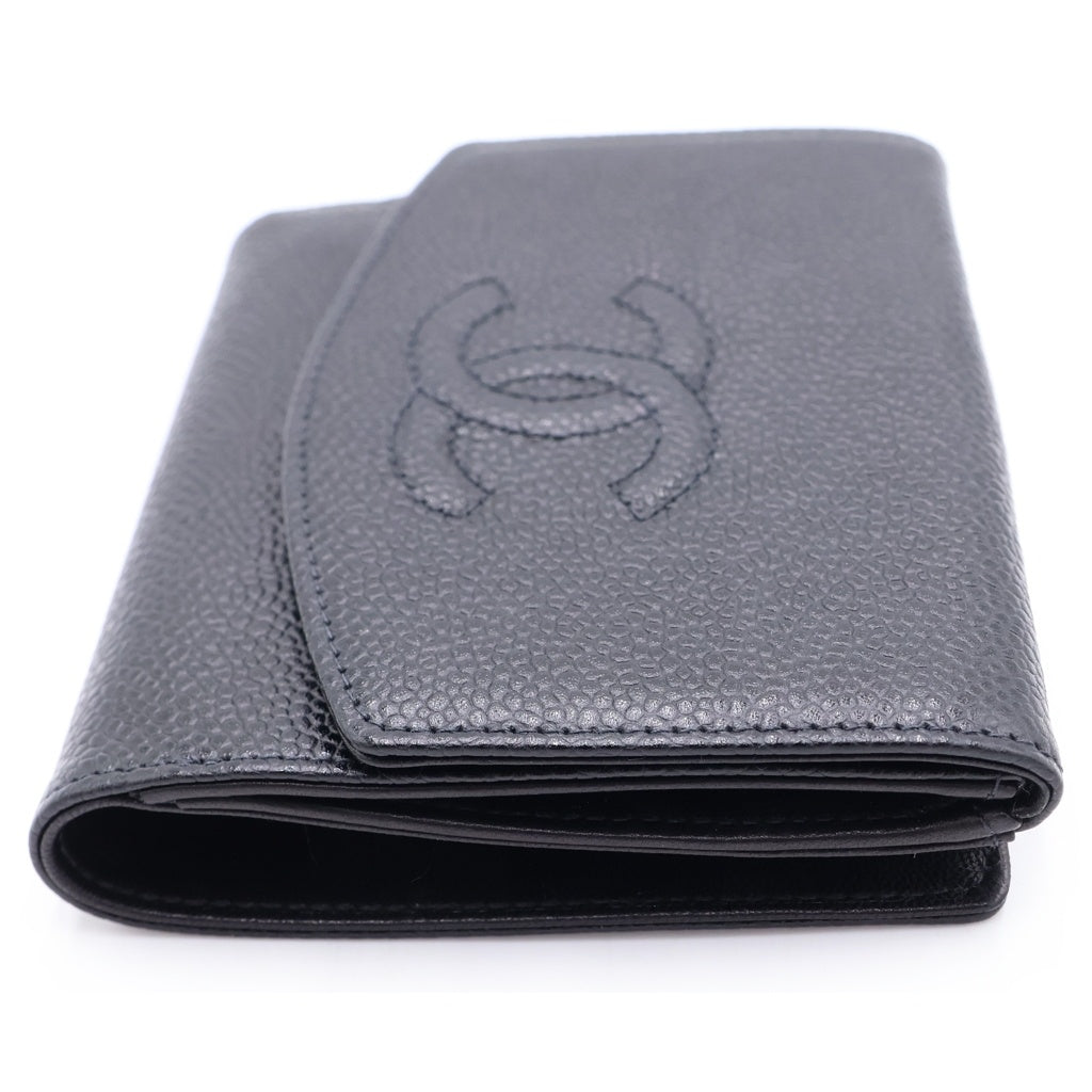 CHANEL(シャネル) ココマーク 三つ折りコンパクトウォレット 財布 キャビアスキン ゴールド金具 ブラック 79番台