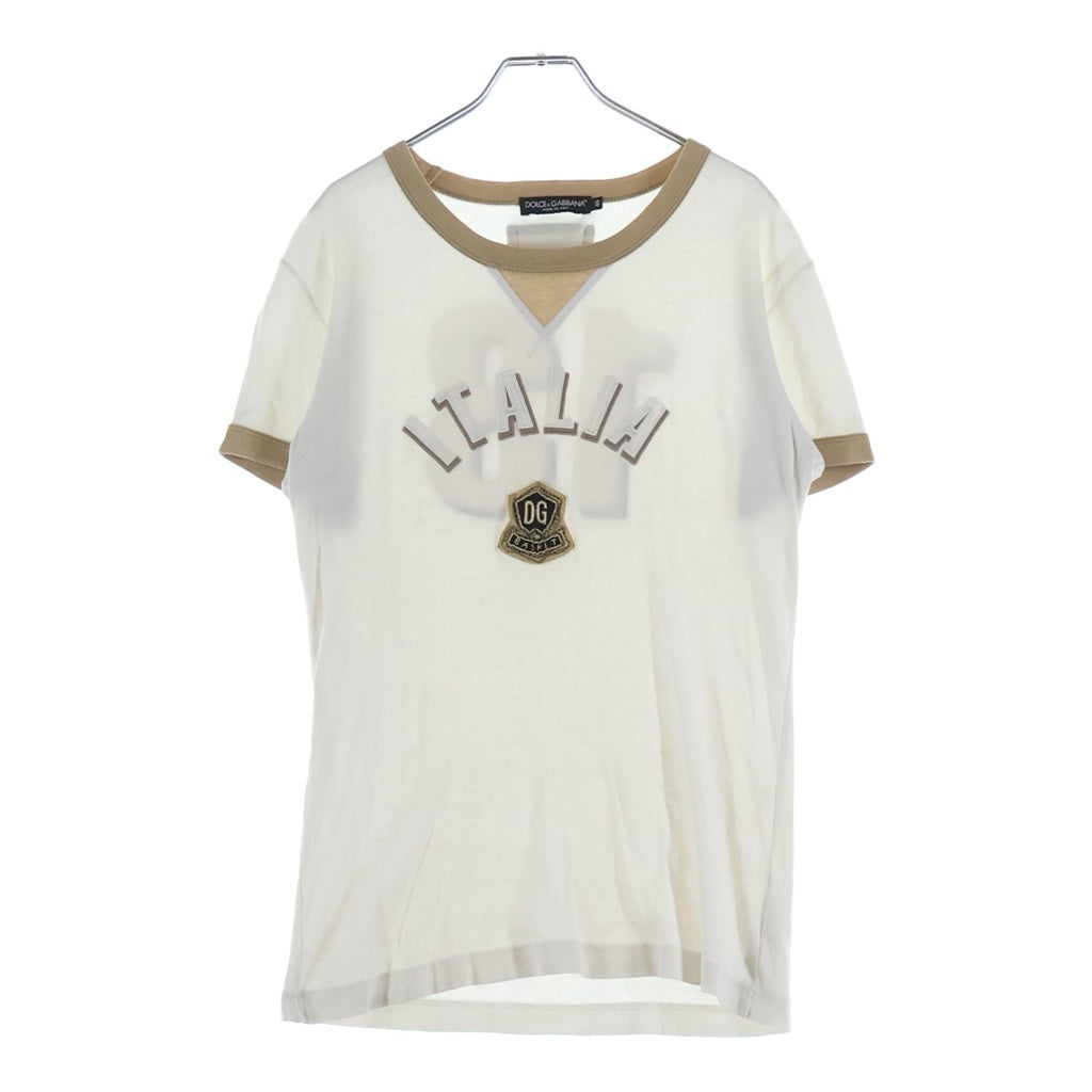 DOLCE & GABBANA(ドルチェアンドガッバーナ) ITALIA DG BASKET ロゴ刺繍 半袖リブカットソー リンガーTシャツ エンブレム コットン ホワイト/ブラウン G8A87G