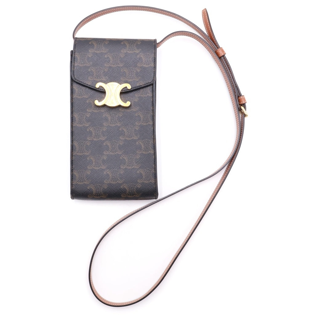 CELINE(セリーヌ) トリオンフ PVC レザー ゴールド金具 フォンポーチ モバイルポーチ ショルダーバッグ ブラウン レディース