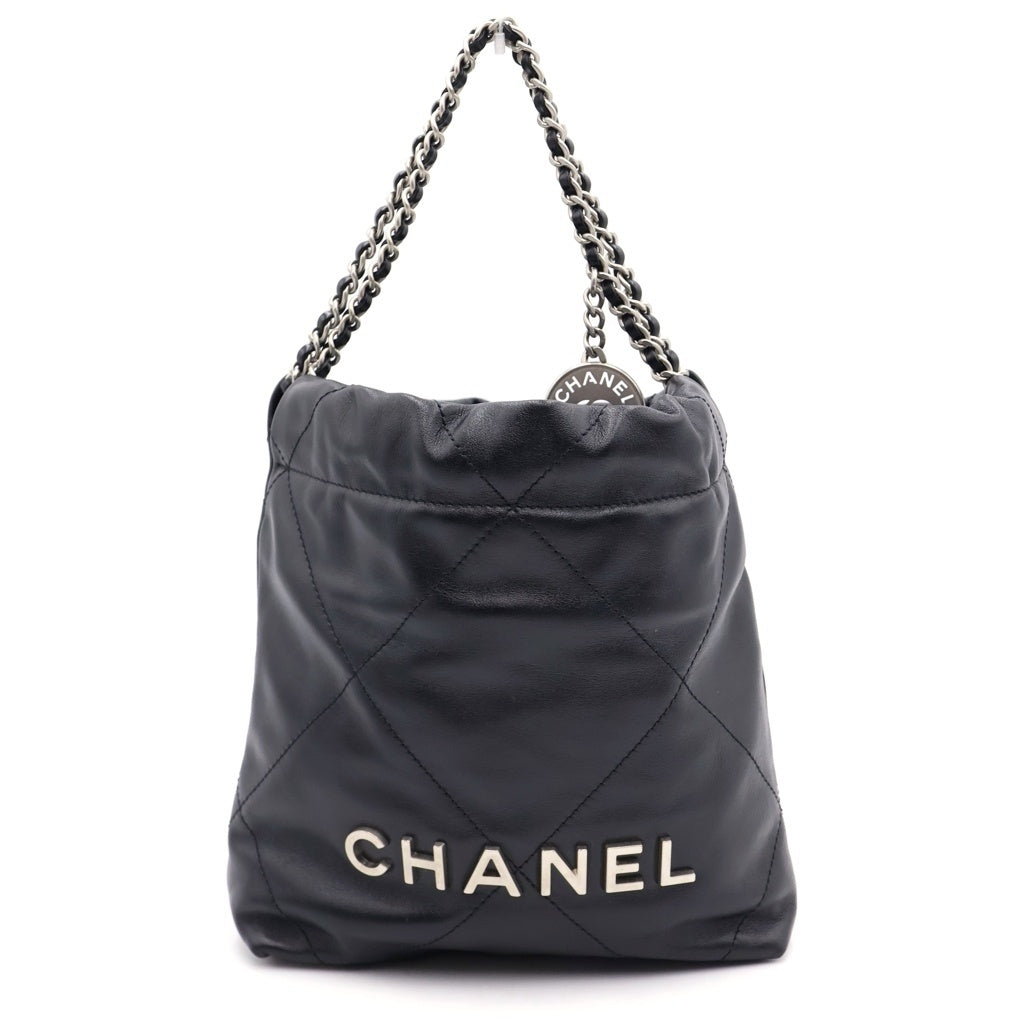 CHANEL(シャネル) シャネル22 ミニ シャイニーカーフスキン レザー チェーンショルダーバッグ シルバー金具 ブラック プレート レディース