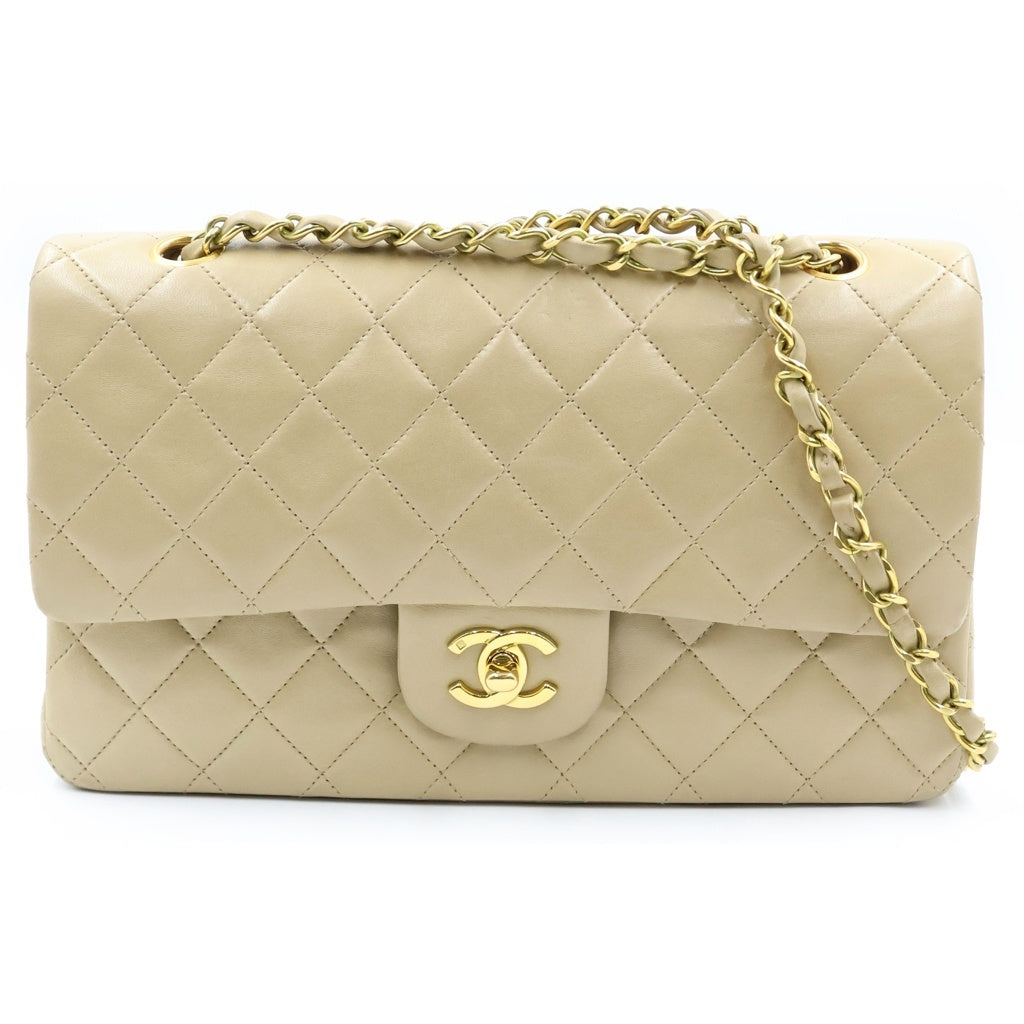 CHANEL(シャネル) マトラッセ25 ダブルフラップ ダブルチェーンショルダーバッグ ハンドバッグ ベージュ ラムスキン ゴールド金具 レディース