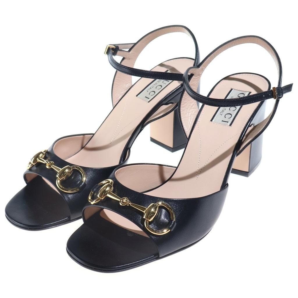 GUCCI(グッチ) ホースビット レザーヒールパンプス ミュール シューズ スクエアトゥ ゴールド金具 ブラック レディース