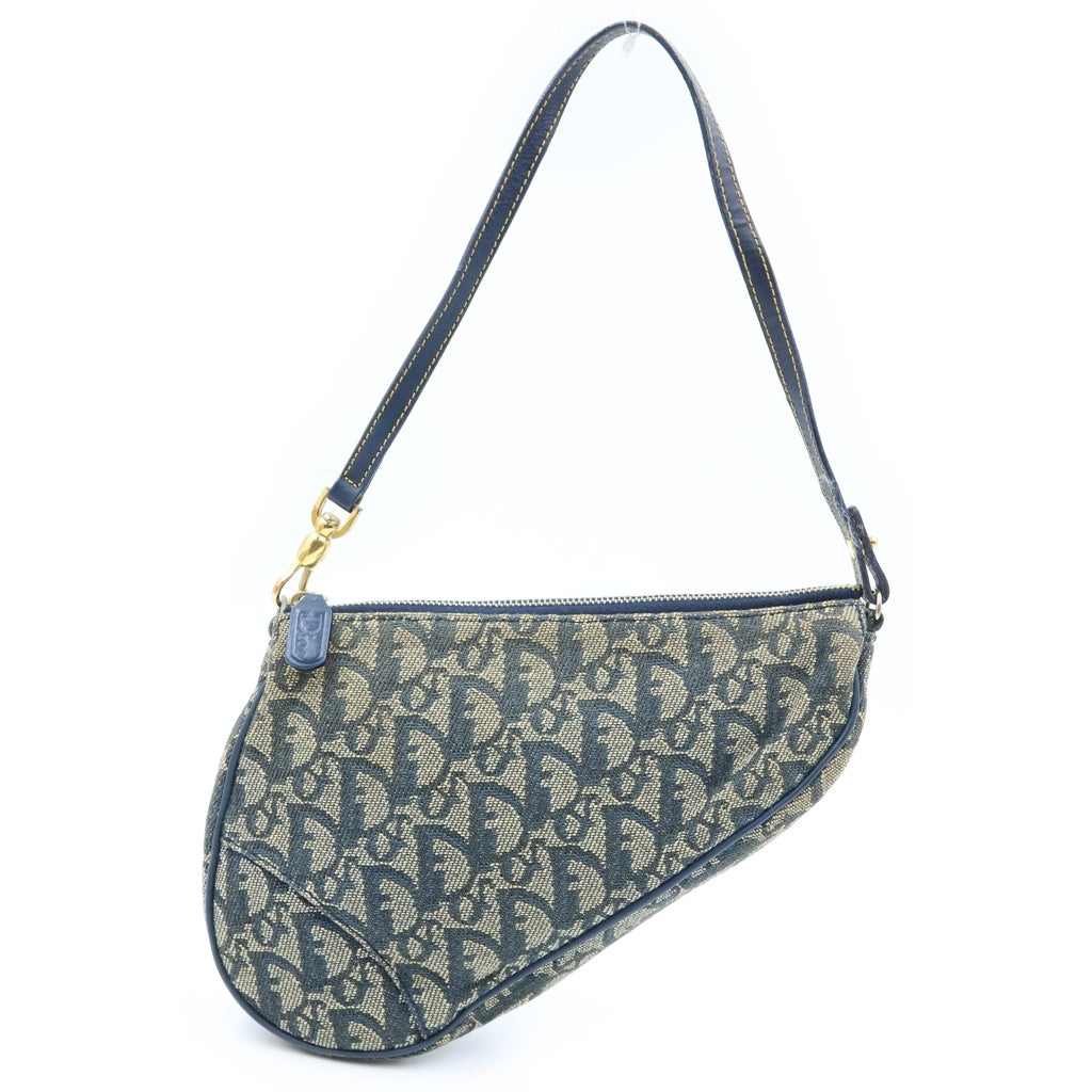 Christian Dior(クリスチャンディオール) トロッター サドル ワンショルダーバッグ ミニハンドバッグ ネイビー レザー×キャンバス ゴールド金具 レディース