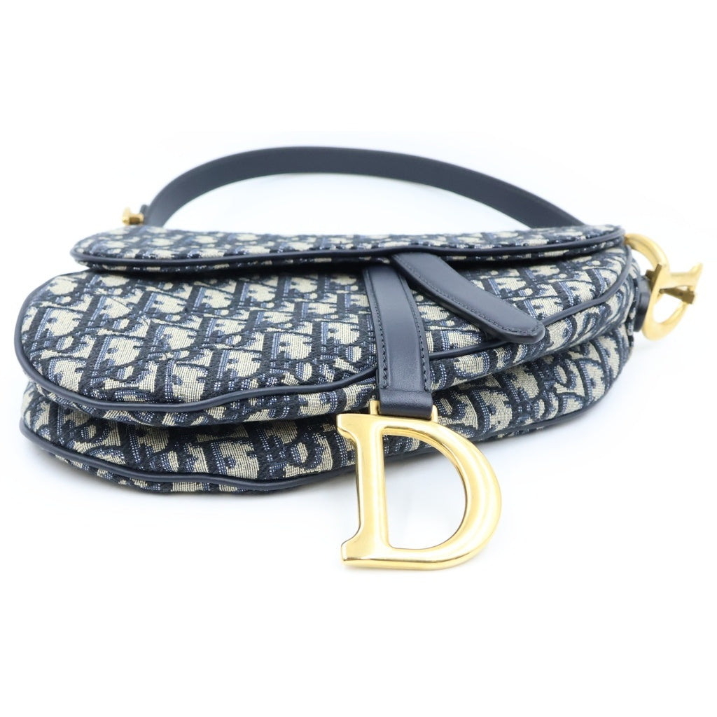 Christian Dior(クリスチャンディオール) オブリーク ジャガード サドルバッグ 2wayショルダー ハンドバック キャンバス レザー ネイビー レディース
