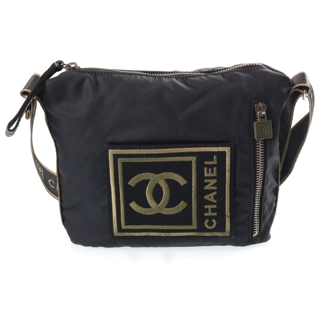 CHANEL(シャネル) スポーツライン ココマーク刺繍 ナイロンキャンバス ショルダーバッグ ブラック/カーキ 10番台