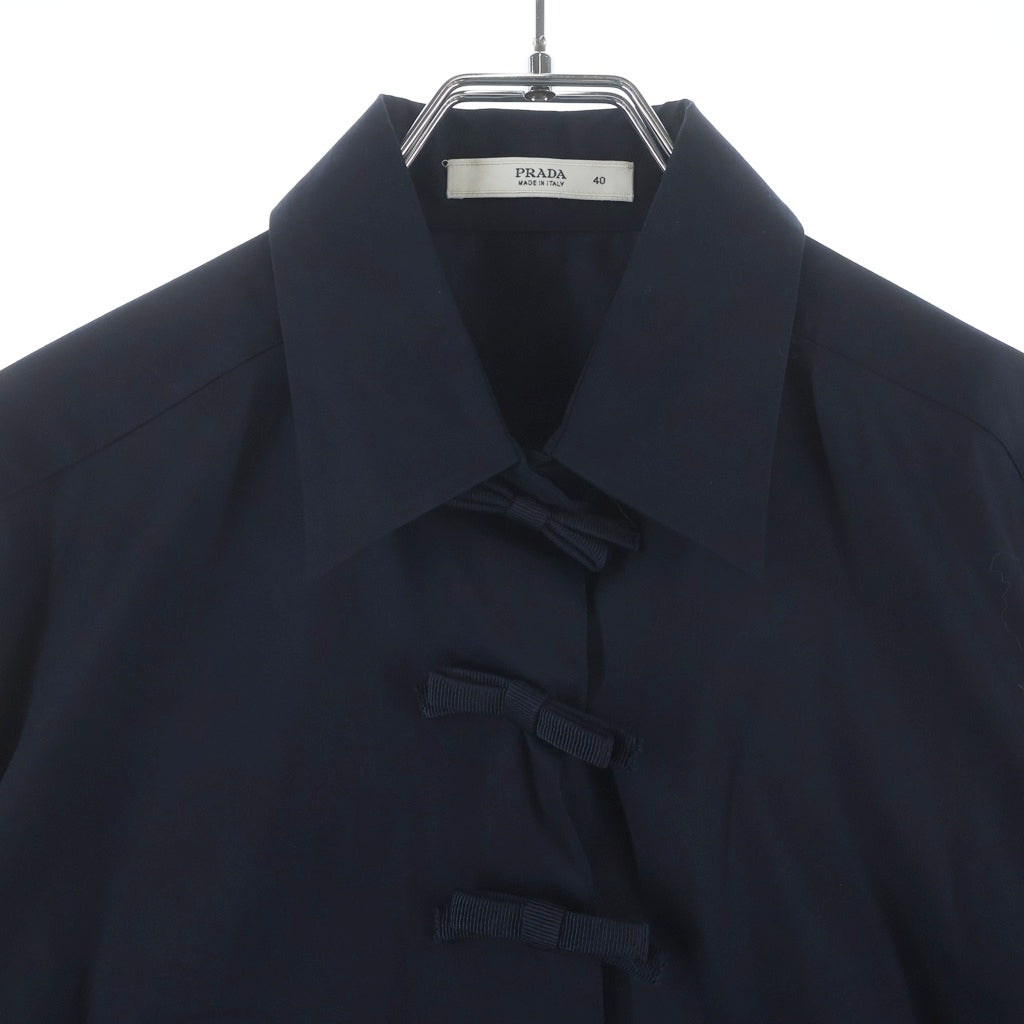 PRADA(プラダ) リボンデザイン スナップボタン ストレッチ 長袖シャツ ネイビー レディース