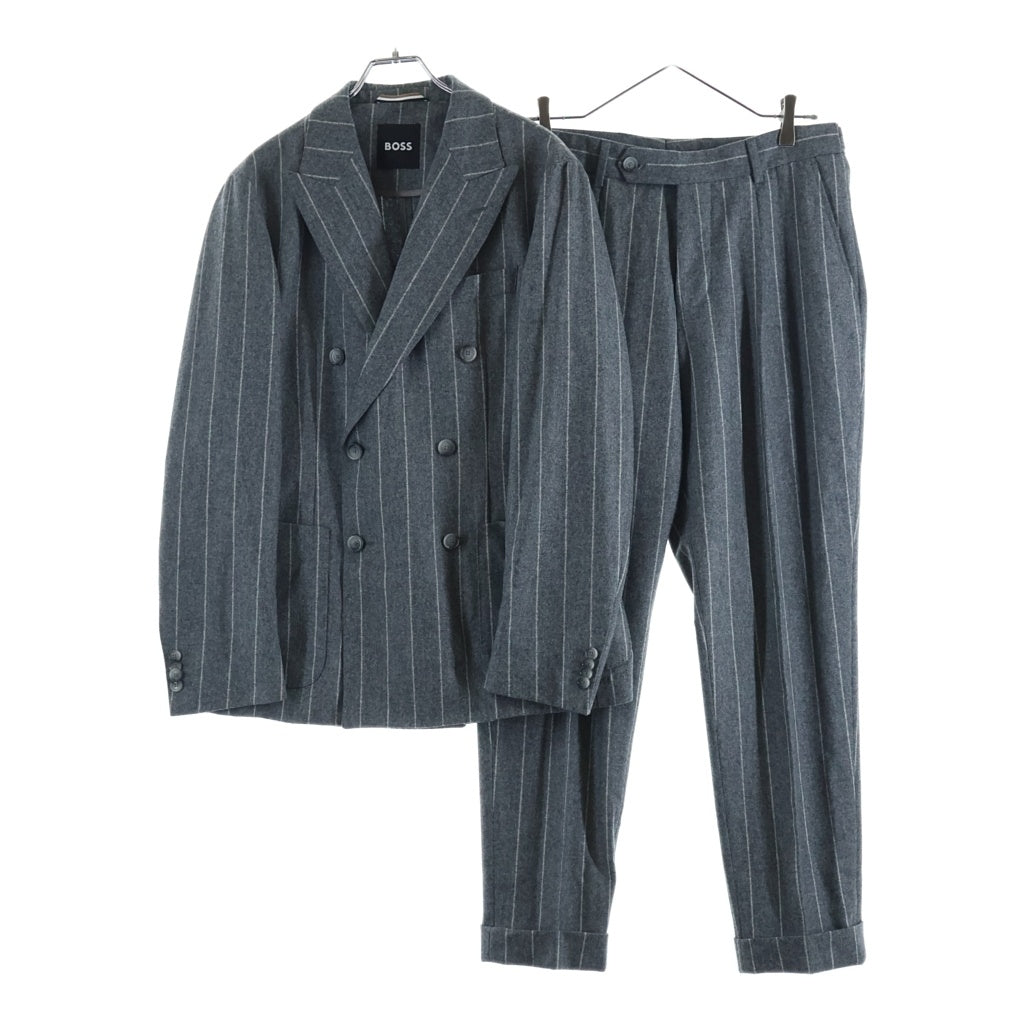 HUGO BOSS(ヒューゴボス) ストライプ柄 セットアップスーツ ダブルブレスト ウールテーラードジャケット 1タック スラックスパンツ グレー 10229122