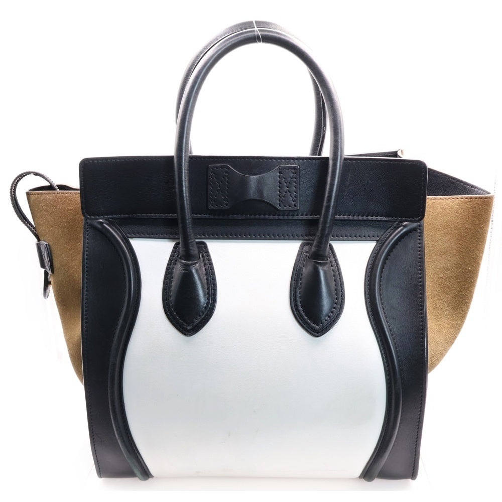 CELINE(セリーヌ) ラゲージ ショルダーバッグ トリコロール ハンドバッグ トートバッグ ブラック×ホワイト×カーキ ゴールド金具 レザー