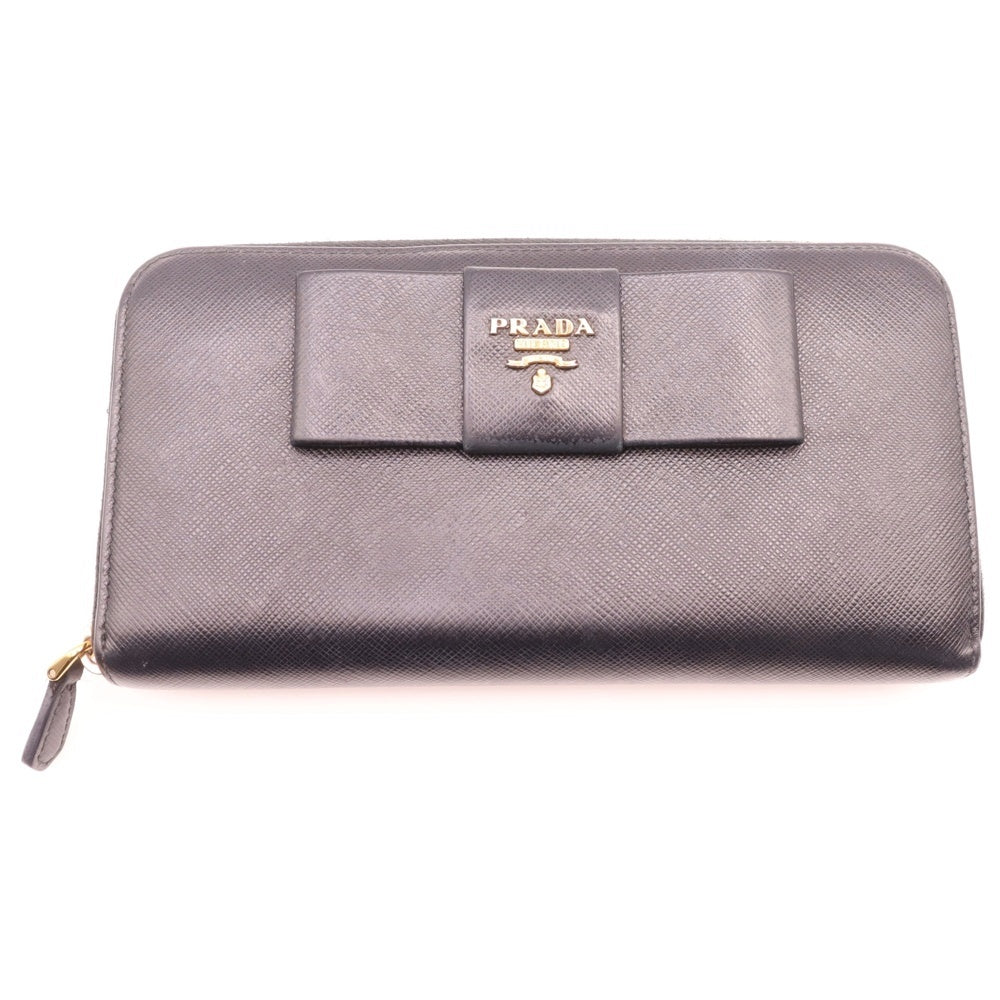 PRADA(プラダ) サフィアーノ リボン ラウンドジップウォレット ロングウォレット 長財布 ブラック ゴールド金具 1ML506