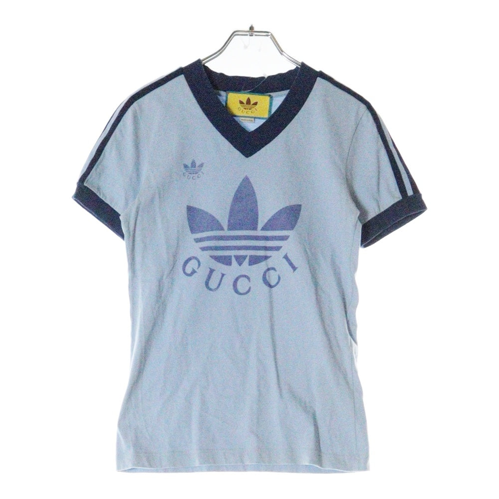 GUCCI(グッチ) 22SS ×adidas アディダス トレフォイルロゴ プリント Vネック 半袖Tシャツ カットソー ライトブルー レディース 693636