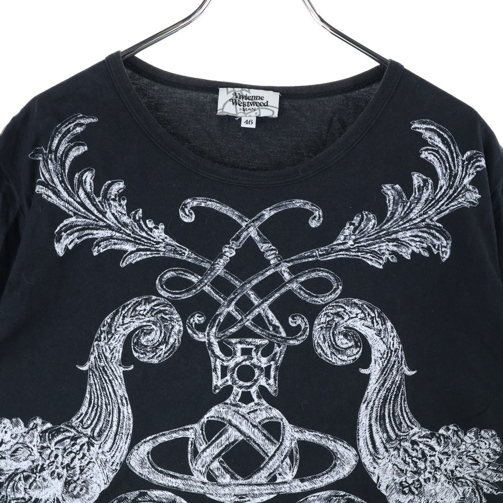 Vivienne Westwood(ヴィヴィアンウエストウッド) ヴェルサイユ バロック オーブロゴ プリント 変形 ロング 半袖Tシャツ カットソー ブラック VW-LP-85284