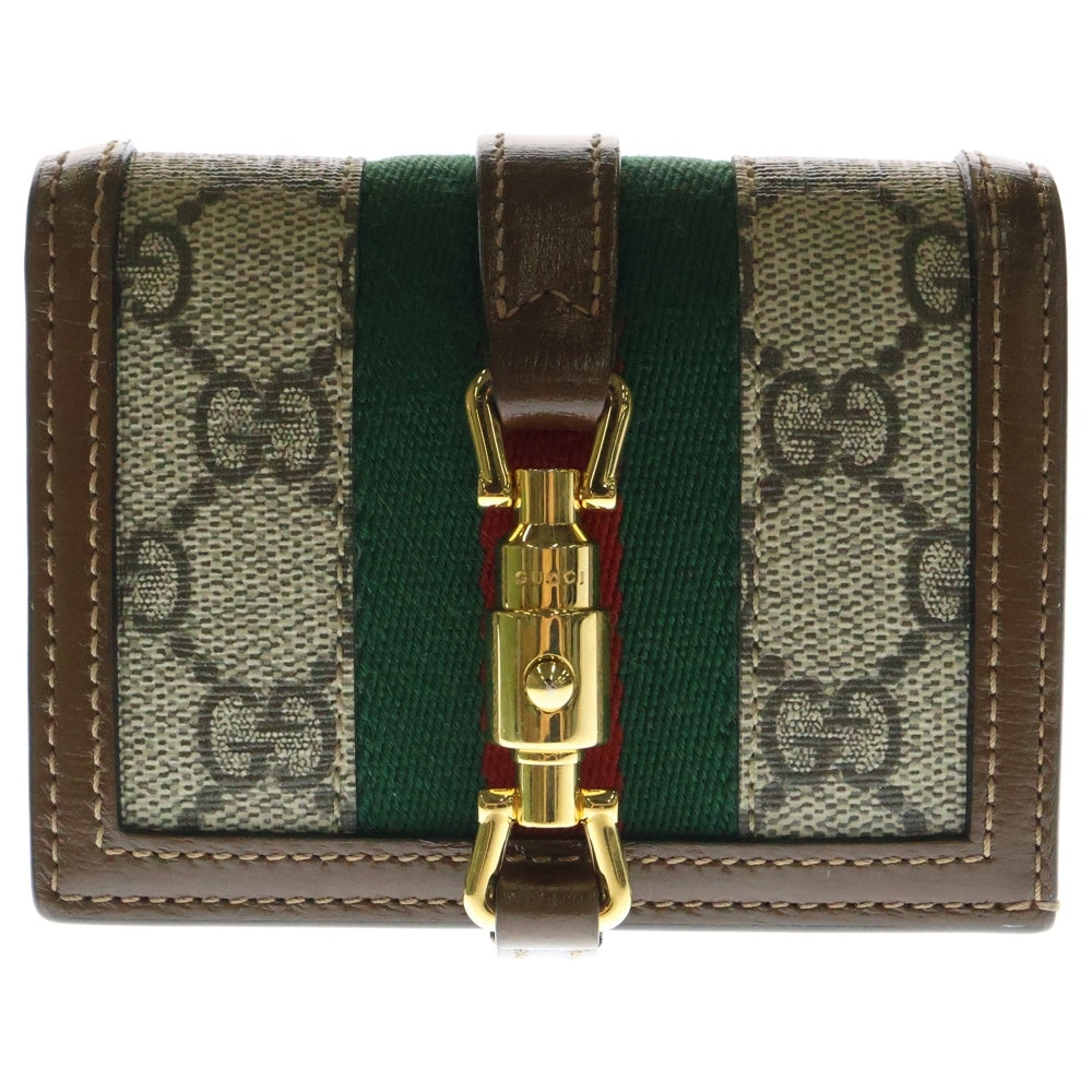 GUCCI(グッチ) ジャッキー1961 GGスプリーム ウェブ シェリーライン レザー キャンバス コンパクトウォレット 二つ折り財布 ゴールド金具 ブラウン 645536