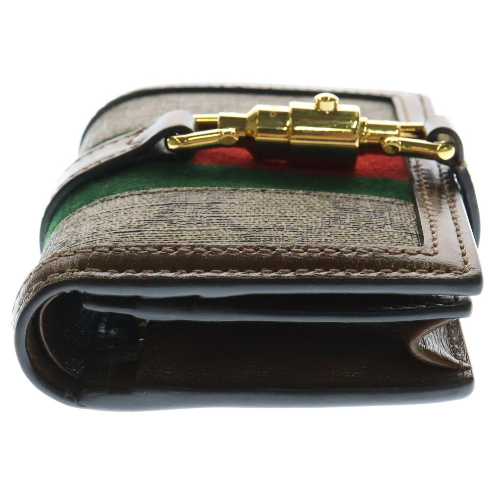 GUCCI(グッチ) ジャッキー1961 GGスプリーム ウェブ シェリーライン レザー キャンバス コンパクトウォレット 二つ折り財布 ゴールド金具 ブラウン 645536