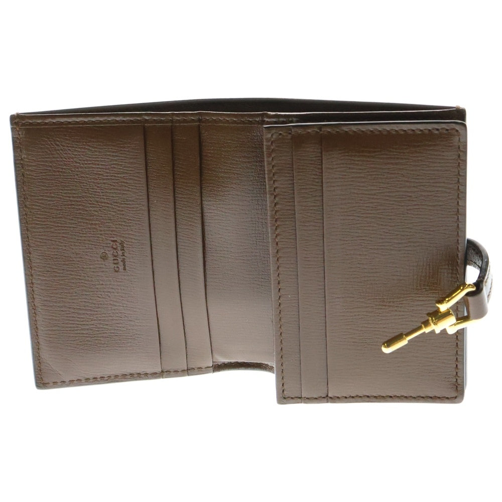 GUCCI(グッチ) ジャッキー1961 GGスプリーム ウェブ シェリーライン レザー キャンバス コンパクトウォレット 二つ折り財布 ゴールド金具 ブラウン 645536