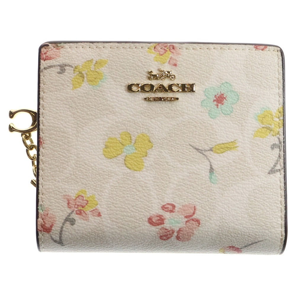 COACH(コーチ) 二つ折り財布 コンパクトウォレット コインケース ゴールド金具 花柄 ホワイト レザー FC8704