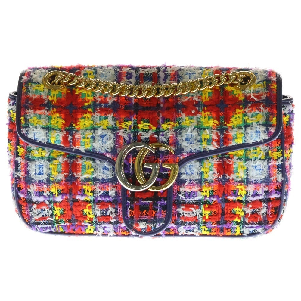 GUCCI(グッチ) GGマーモント ショルダーバッグ ハンドバッグ チェーンバッグ パープル×マルチカラー ゴールド金具 ツイード レザー 443497