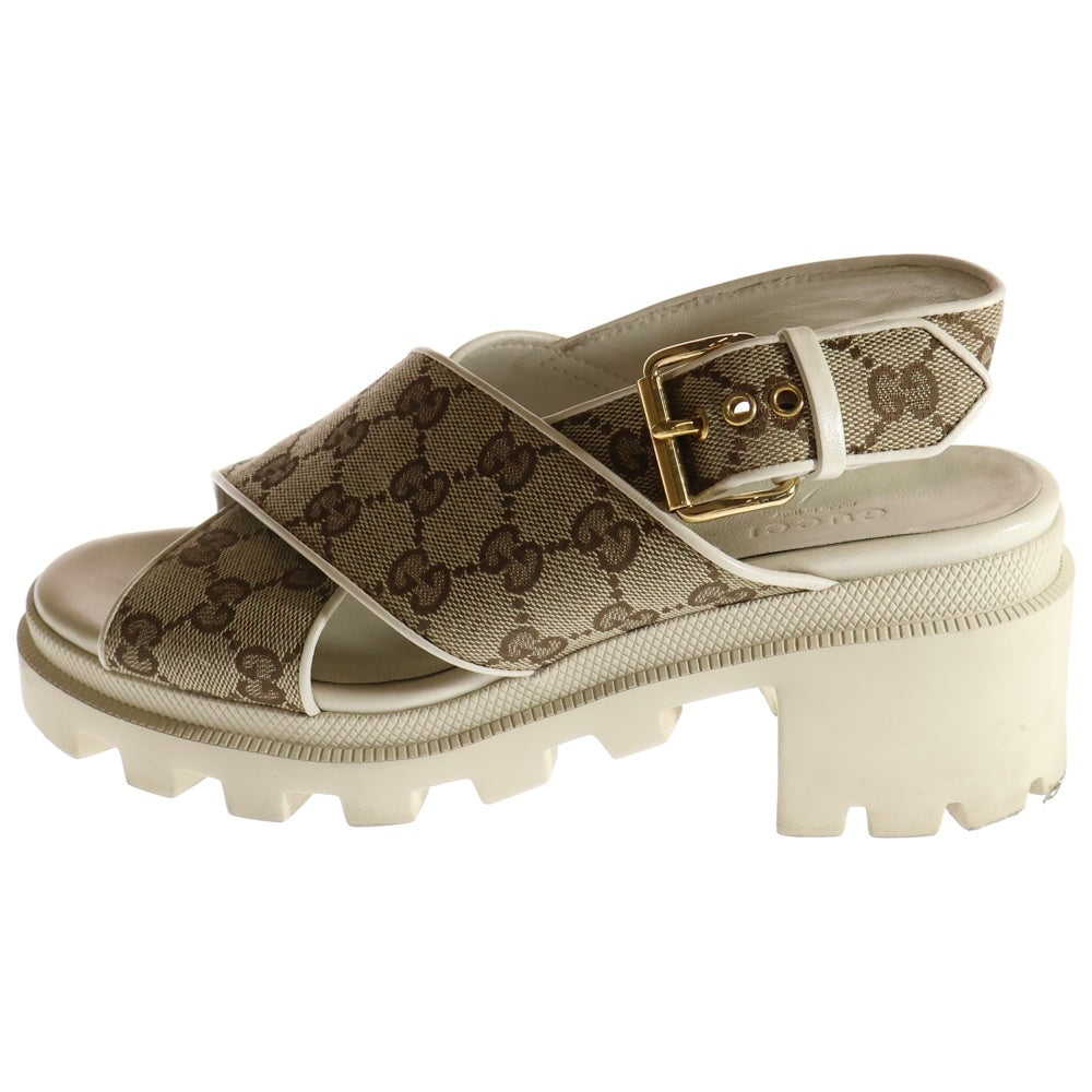 GUCCI(グッチ) GGキャンバス レザー ストラップ ヒールサンダル シューズ ベージュ レディース 749795