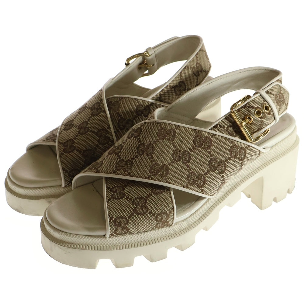 GUCCI(グッチ) GGキャンバス レザー ストラップ ヒールサンダル シューズ ベージュ レディース 749795