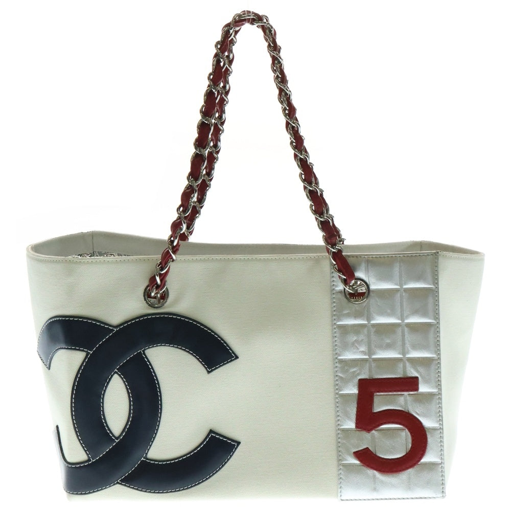 CHANEL(シャネル) No5 チョコバー チェーンハンドバッグ ミニトートバッグ ベージュ×シルバー キャンバス×レザー ホワイト シルバー金具
