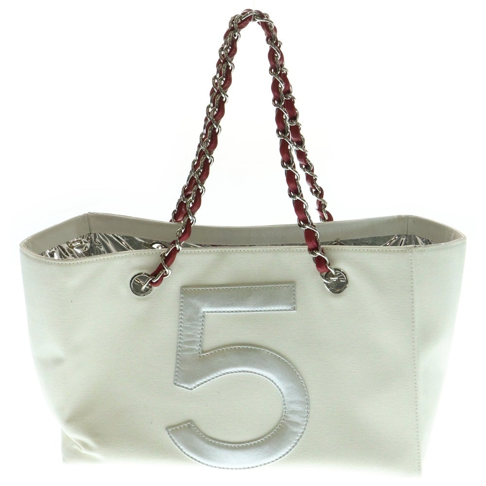 CHANEL(シャネル) No5 チョコバー チェーンハンドバッグ ミニトートバッグ ベージュ×シルバー キャンバス×レザー ホワイト シルバー金具